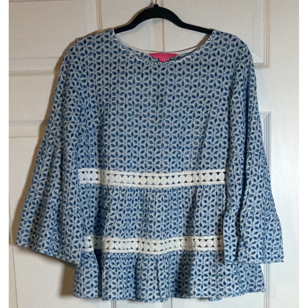 Lilly Pulitzer Women's Blue White Geometric Embroidered Bell Sleeve Blouse L